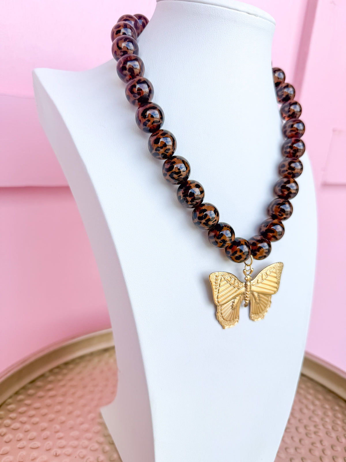 Jincy's Womens Boutique Leopard Acrylic Beaded Necklace Oversized Butterfly Charm LOVE LEMON LANE