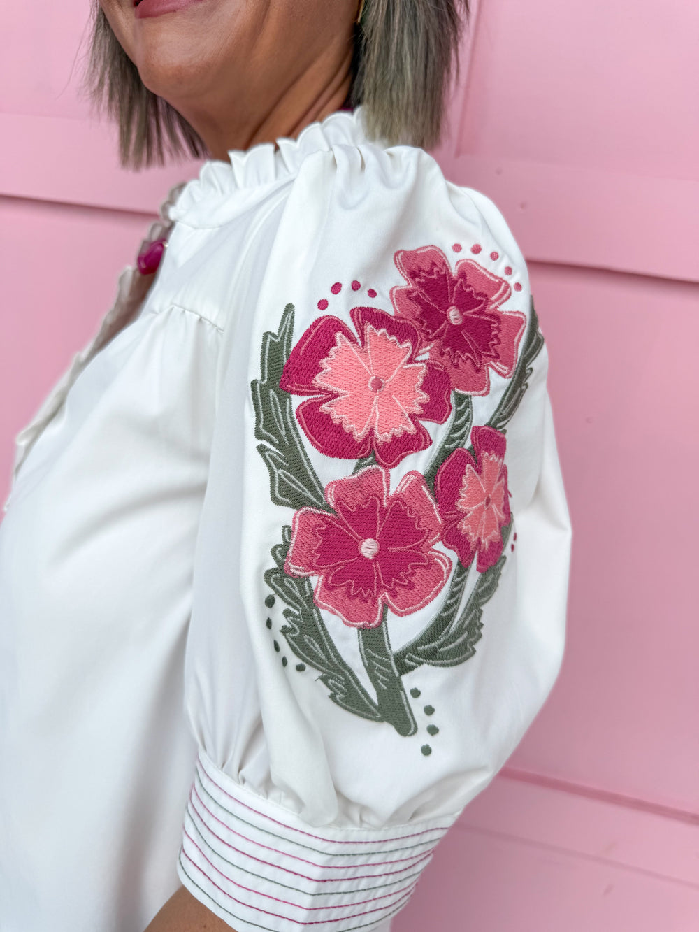 Jincy's Womens Boutique Mary Square Emmie Top Ivory Pink Embroidered Floral Print First Of Fall Collection 74490