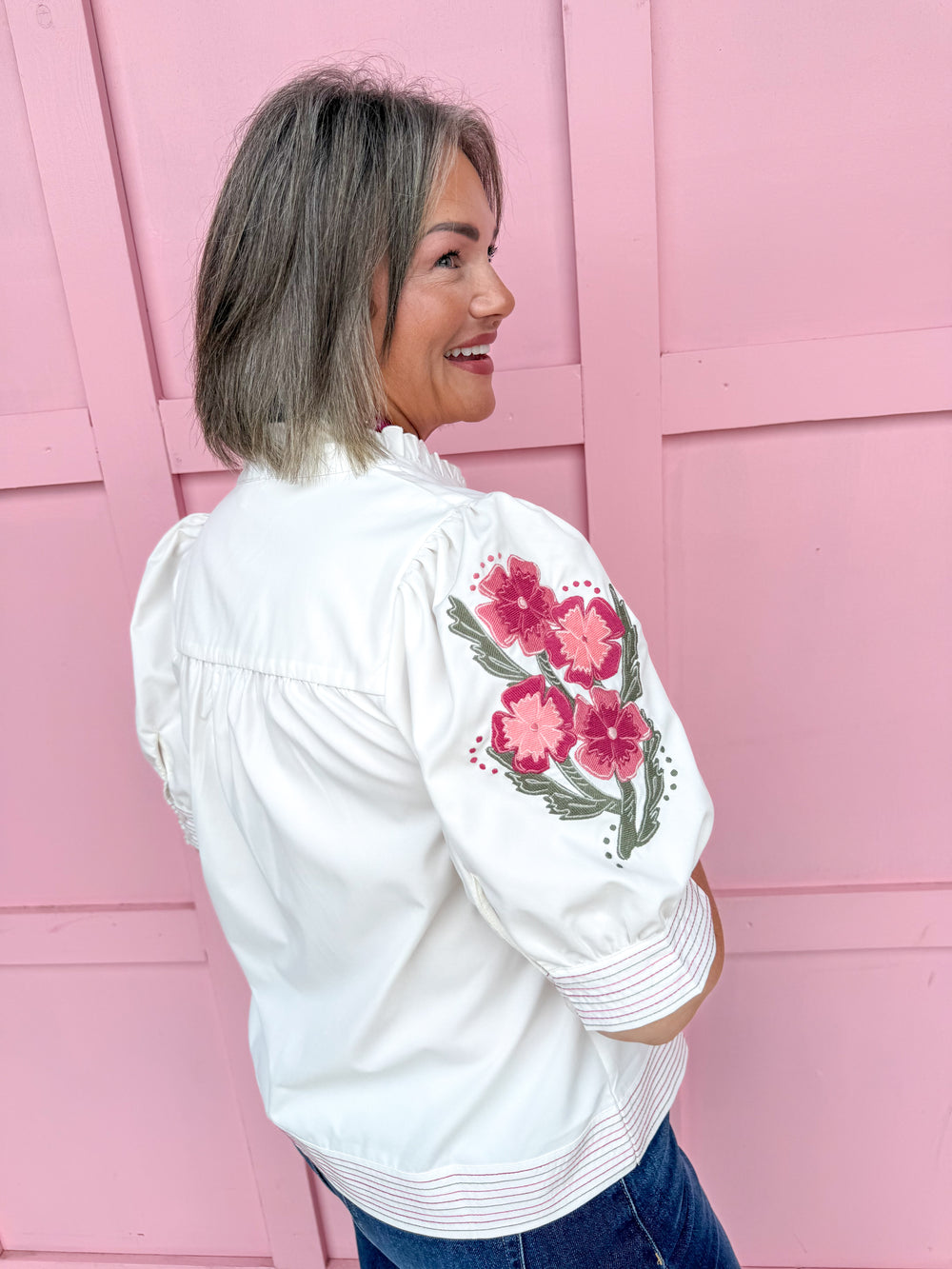 Jincy's Womens Boutique Mary Square Emmie Top Ivory Pink Embroidered Floral Print First Of Fall Collection 74490