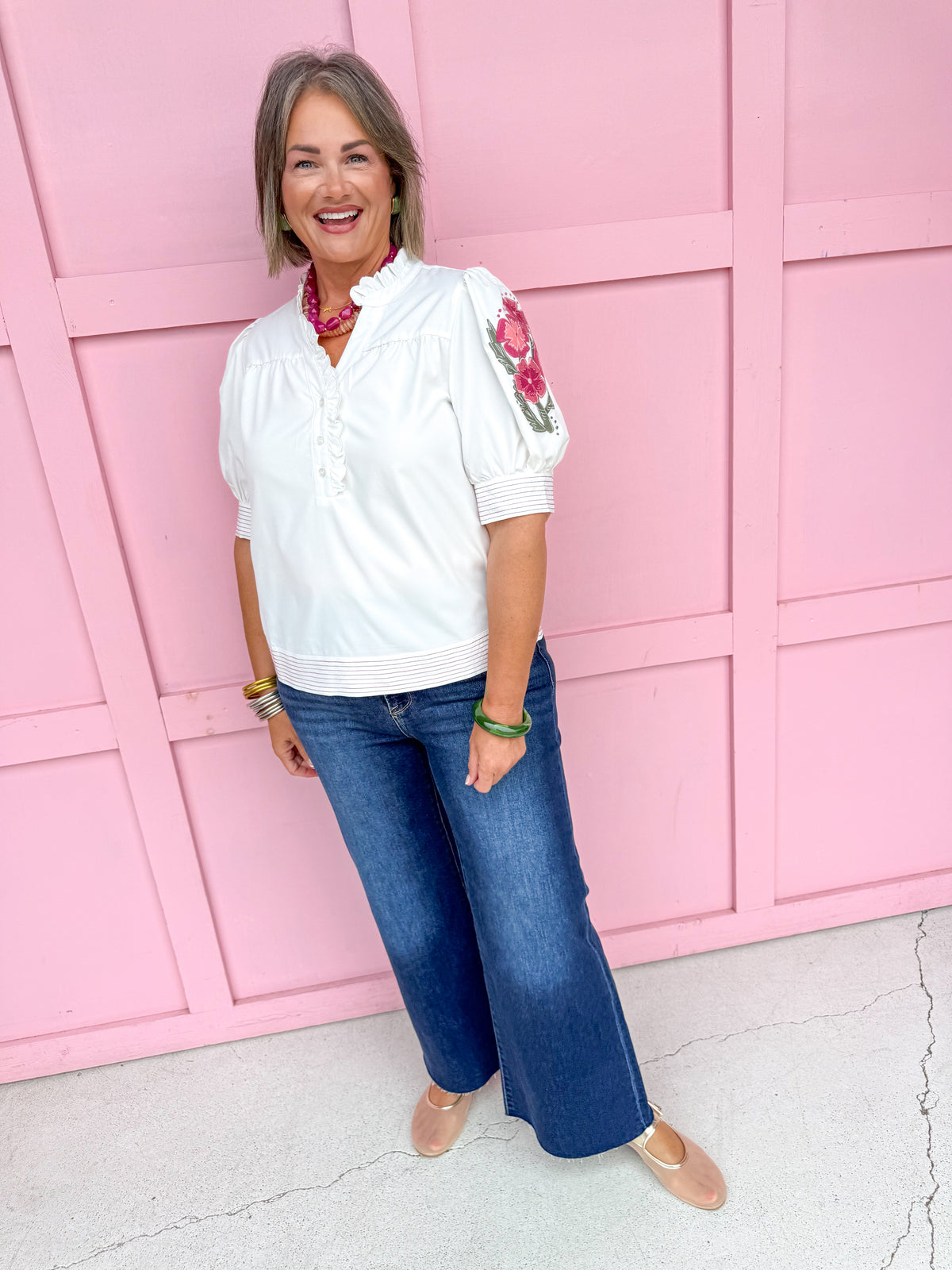 Jincy's Womens Boutique Mary Square Emmie Top Ivory Pink Embroidered Floral Print First Of Fall Collection 74490