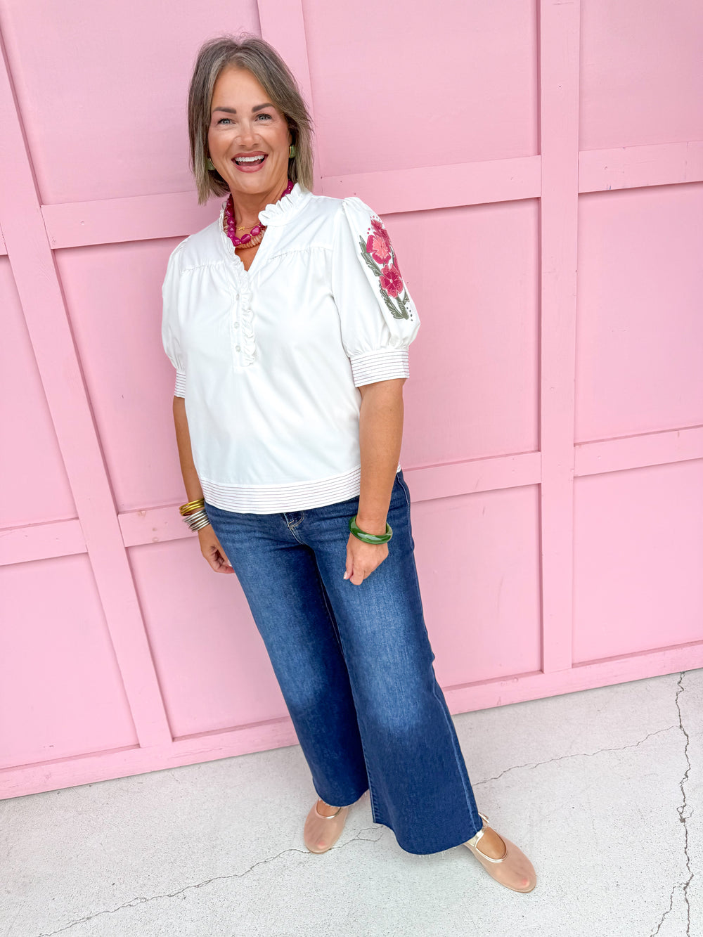 Jincy's Womens Boutique Mary Square Emmie Top Ivory Pink Embroidered Floral Print First Of Fall Collection 74490