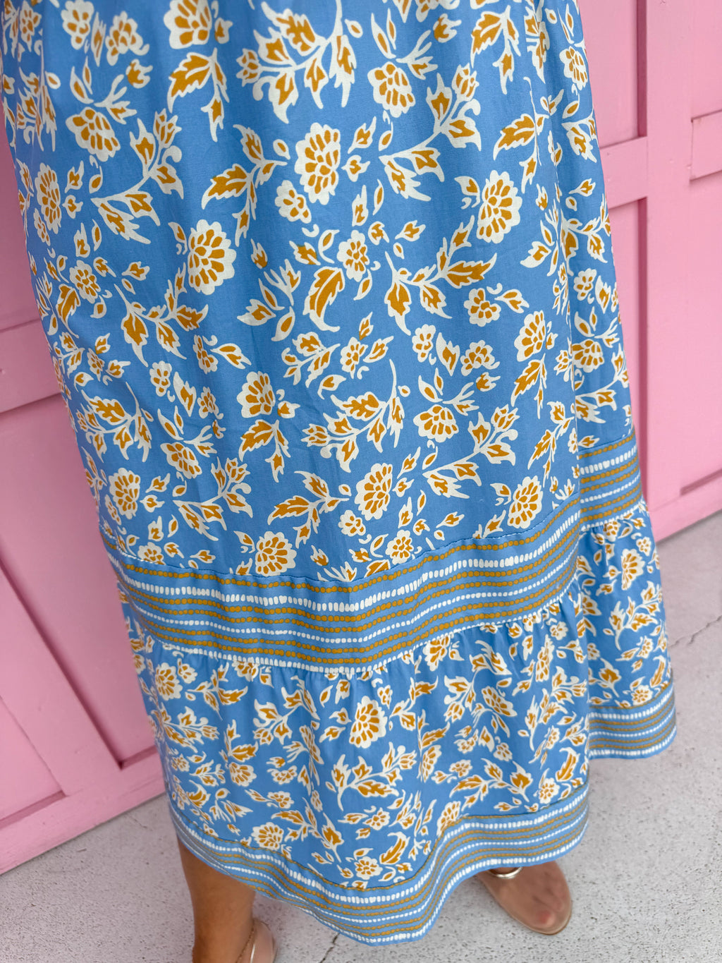 Jincy's Womens Boutique Mary Square Riley Gold & Dusty Blue Floral Ivy Script Print Midi Maxi Dress First Of Fall Collection 74211