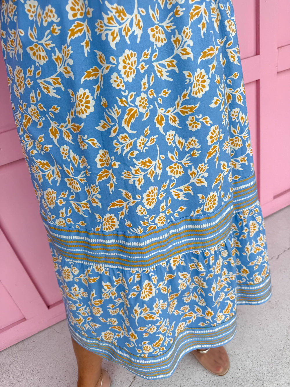 Jincy's Womens Boutique Mary Square Riley Gold & Dusty Blue Floral Ivy Script Print Midi Maxi Dress First Of Fall Collection 74211
