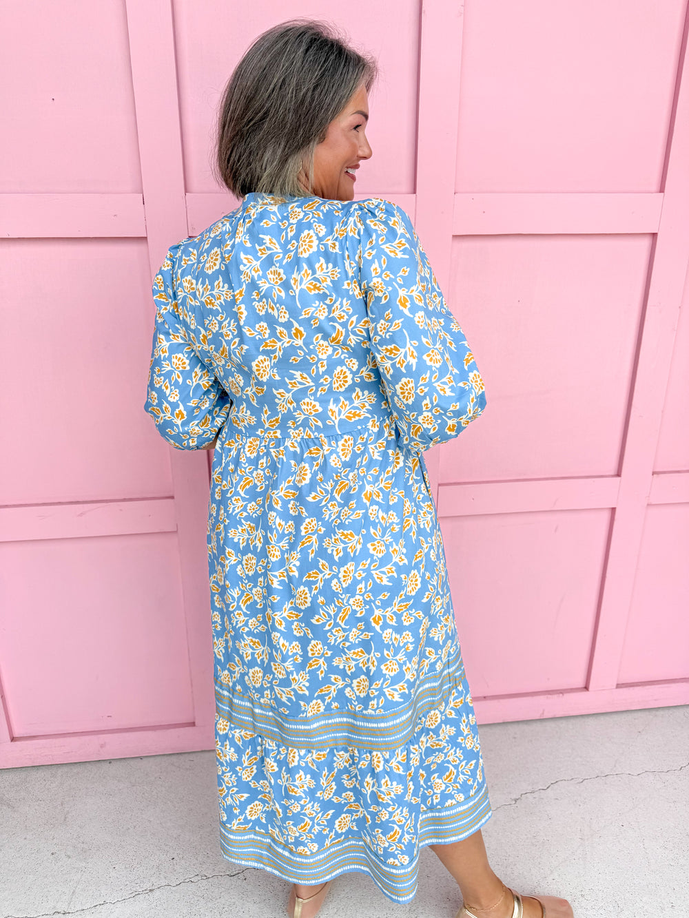Jincy's Womens Boutique Mary Square Riley Gold & Dusty Blue Floral Ivy Script Print Midi Maxi Dress First Of Fall Collection 74211