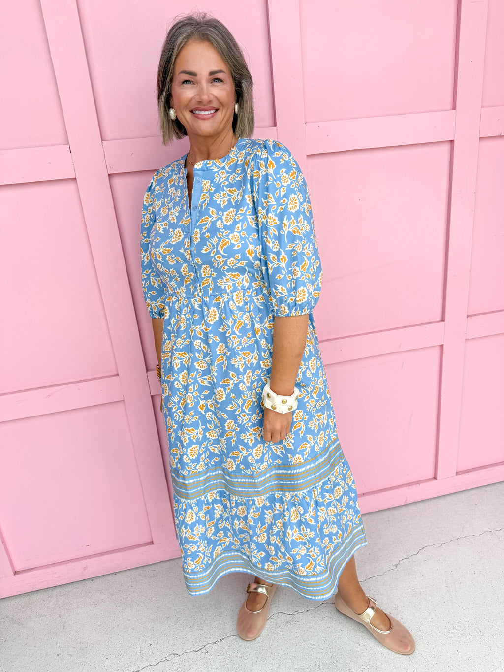 Jincy's Womens Boutique Mary Square Riley Gold & Dusty Blue Floral Ivy Script Print Midi Maxi Dress First Of Fall Collection 74211