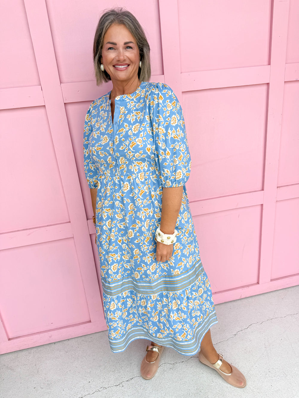Jincy's Womens Boutique Mary Square Riley Gold & Dusty Blue Floral Ivy Script Print Midi Maxi Dress First Of Fall Collection 74211