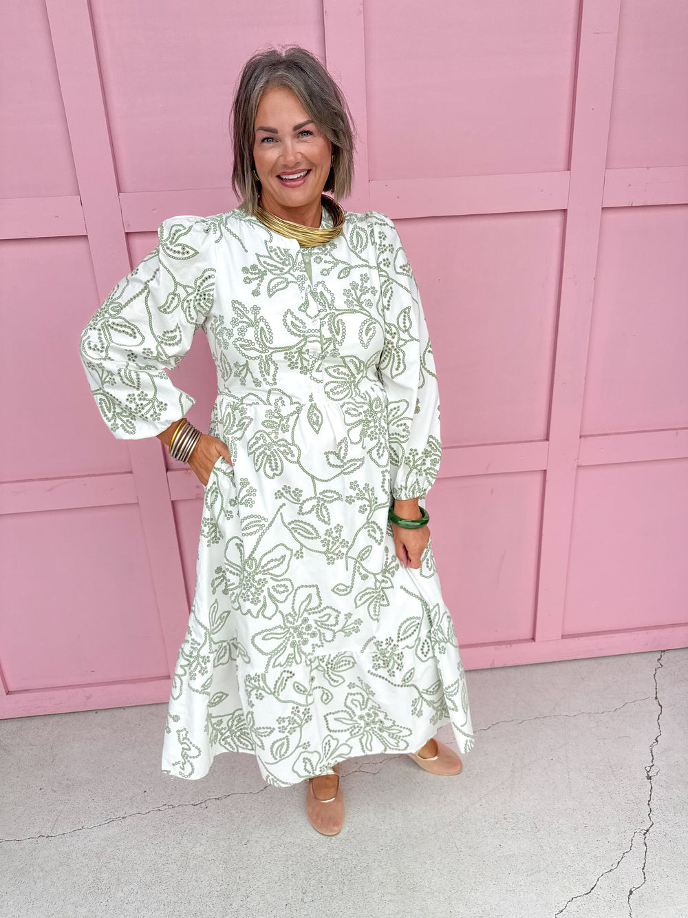 Jincy's Womens Boutique Mary Square Riley Lacecap White  & Sage Print Midi Maxi Dress First Of Fall Collection 74229
