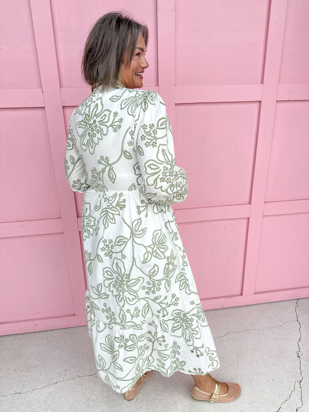 Jincy's Womens Boutique Mary Square Riley Lacecap White  & Sage Print Midi Maxi Dress First Of Fall Collection 74229