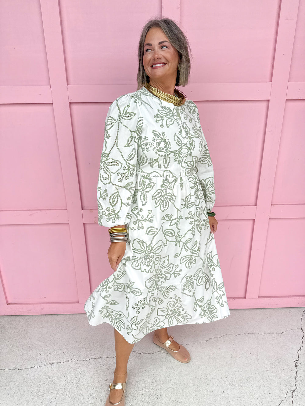 Jincy's Womens Boutique Mary Square Riley Lacecap White  & Sage Print Midi Maxi Dress First Of Fall Collection 74229