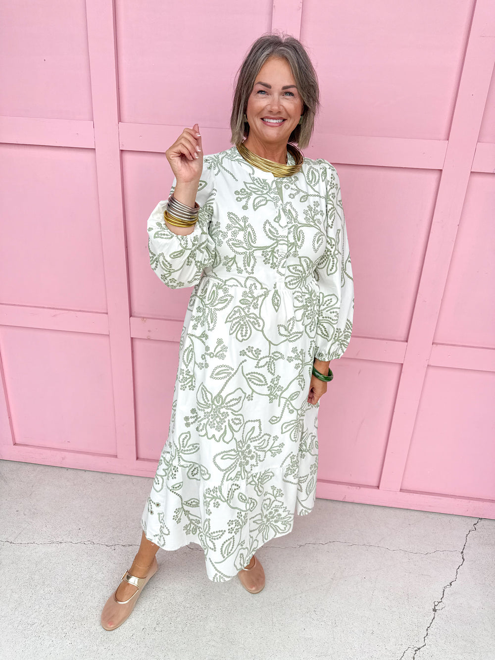 Jincy's Womens Boutique Mary Square Riley Lacecap White  & Sage Print Midi Maxi Dress First Of Fall Collection 74229