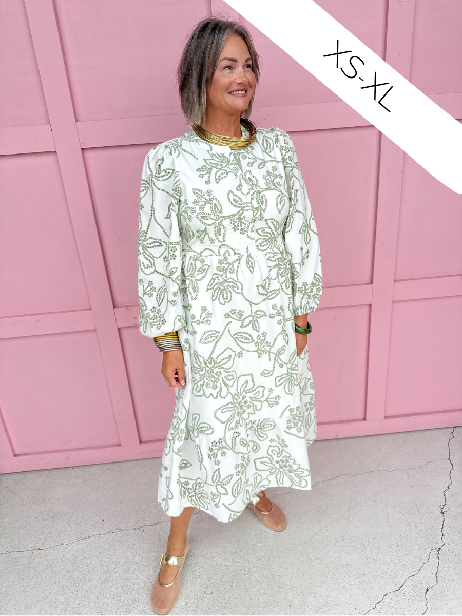 Jincy's Womens Boutique Mary Square Riley Lacecap White  & Sage Print Midi Maxi Dress First Of Fall Collection 74229