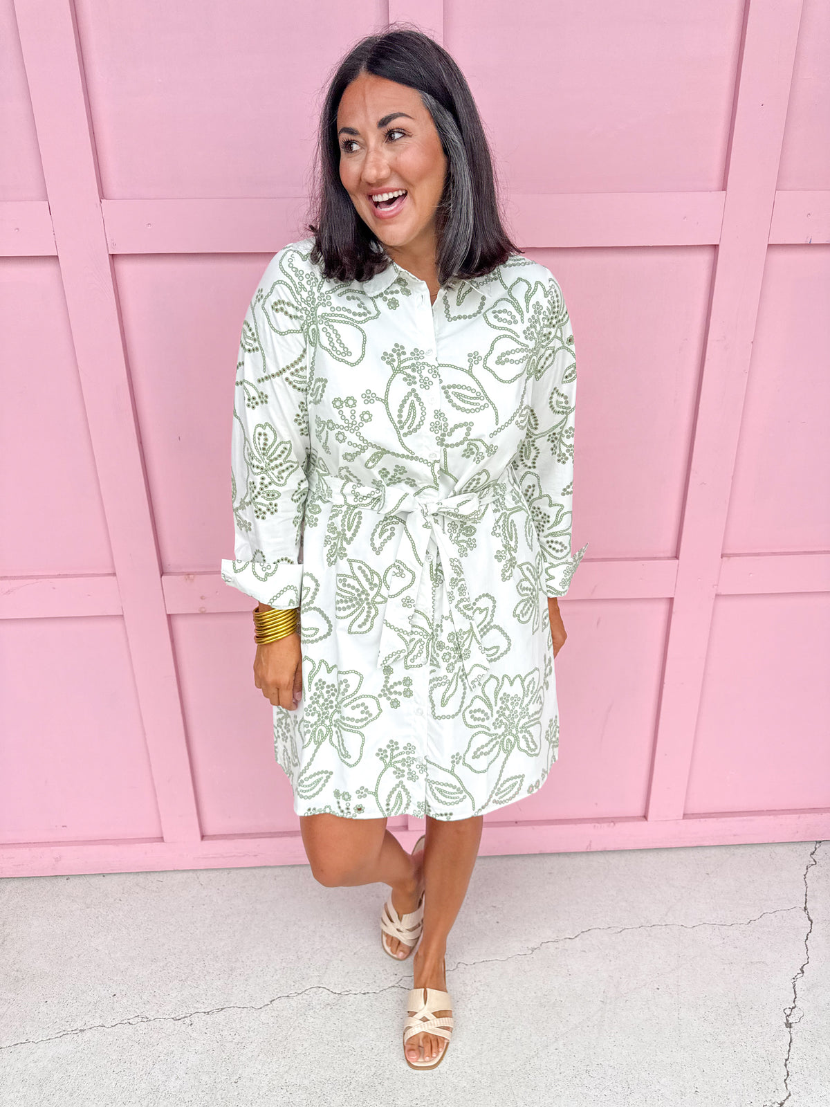 Jincy's Womens Boutique Mary Square Sarah Lacecap Dress Collared White & Sage Floral Mini Dress First Of Fall Collection 74073