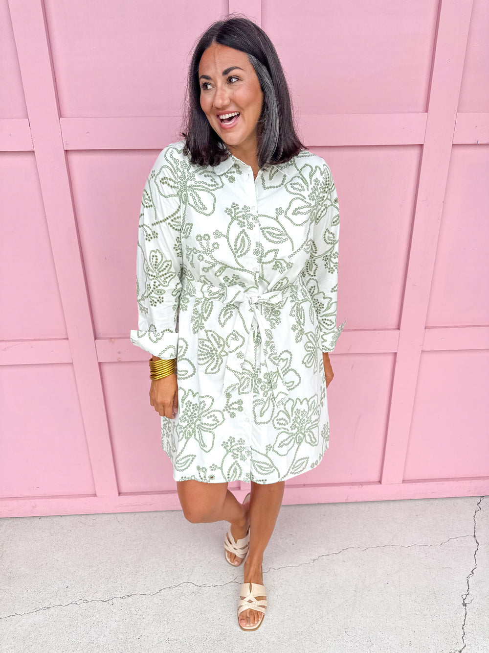 Jincy's Womens Boutique Mary Square Sarah Lacecap Dress Collared White & Sage Floral Mini Dress First Of Fall Collection 74073