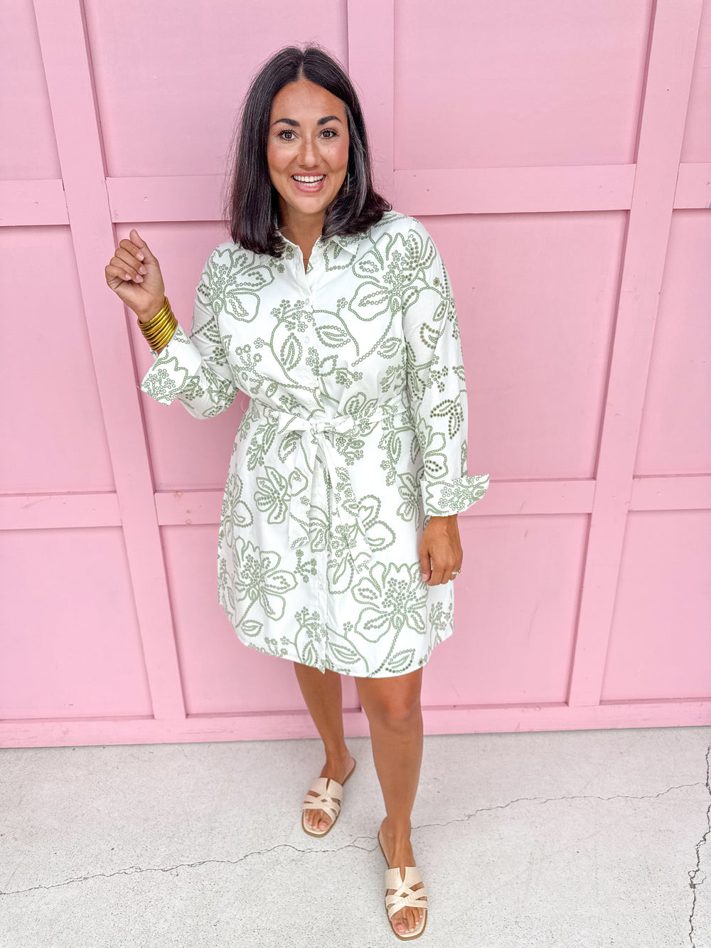 Jincy's Womens Boutique Mary Square Sarah Lacecap Dress Collared White & Sage Floral Mini Dress First Of Fall Collection 74073