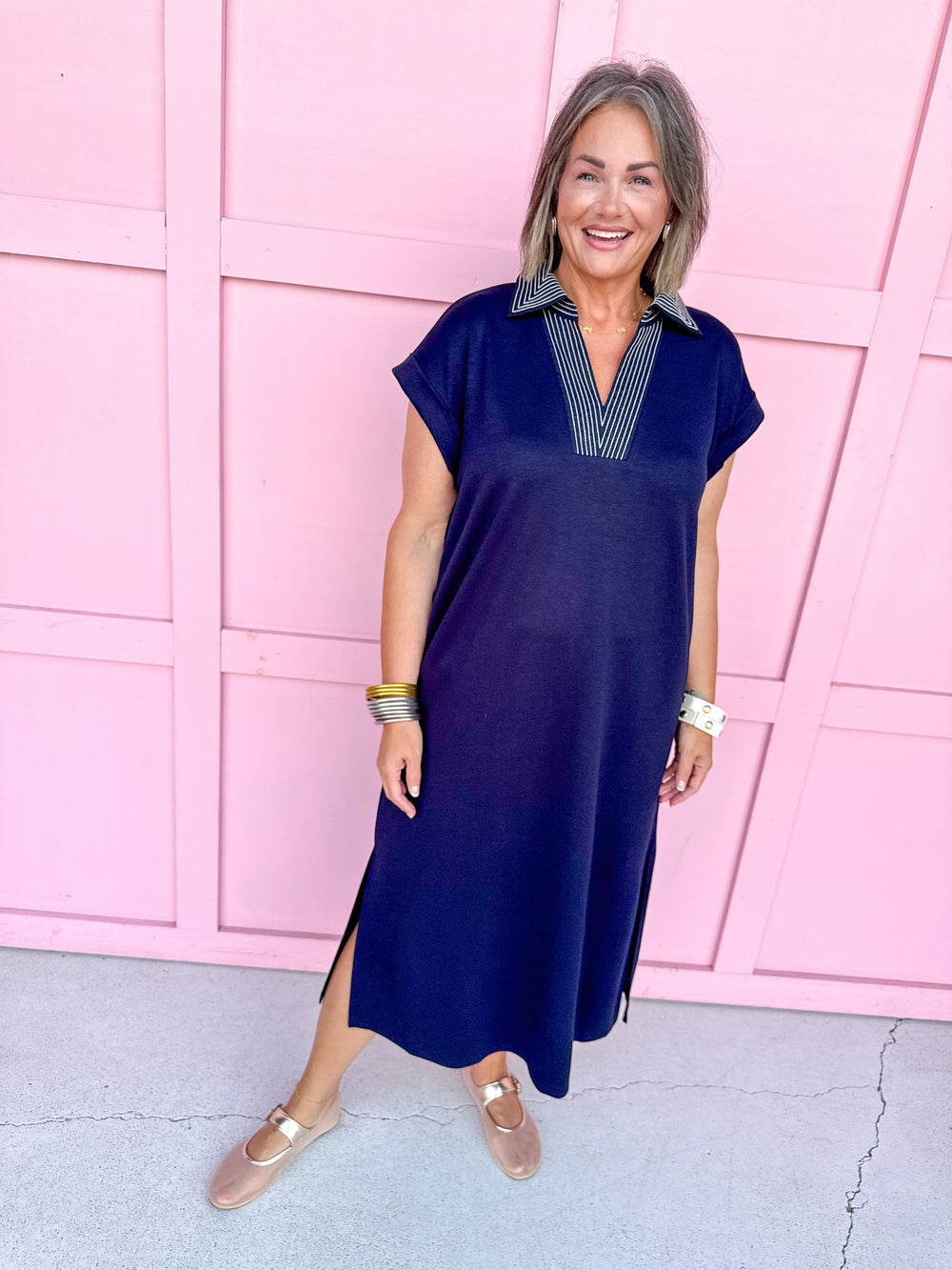 Jincy's Womens Boutique Navy Collared Midi Maxi Dress with Embroidered Stitched Scuba Material Everyday Wear First Of Fall Collection Entro G15798