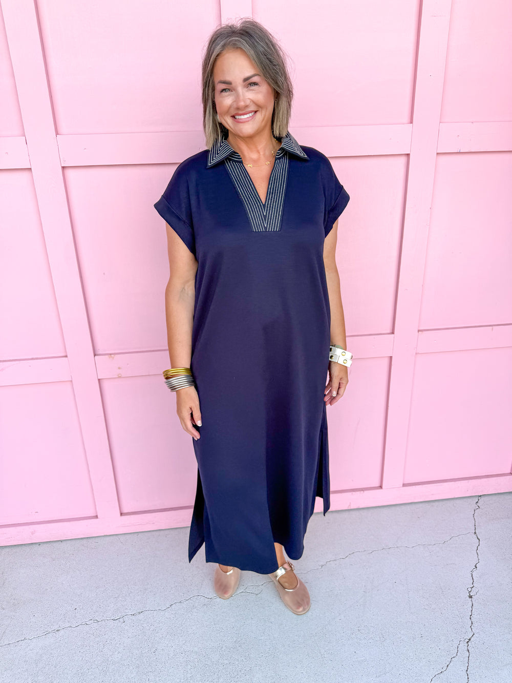 Jincy's Womens Boutique Navy Collared Midi Maxi Dress with Embroidered Stitched Scuba Material Everyday Wear First Of Fall Collection Entro G15798