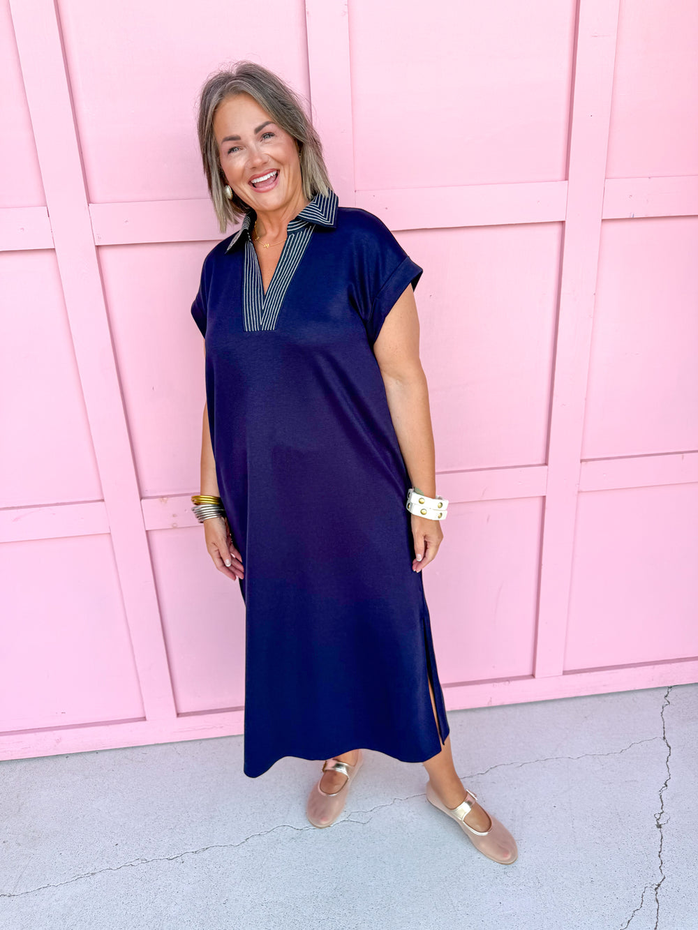Jincy's Womens Boutique Navy Collared Midi Maxi Dress with Embroidered Stitched Scuba Material Everyday Wear First Of Fall Collection Entro G15798