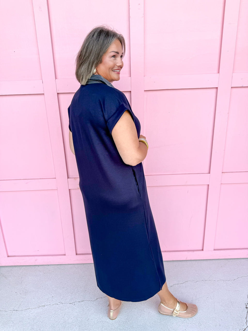 Jincy's Womens Boutique Navy Collared Midi Maxi Dress with Embroidered Stitched Scuba Material Everyday Wear First Of Fall Collection Entro G15798