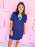 Jincy's Womens Boutique Navy Collared Scuba Like Material With Contrast Green & White Trim Everyday Wear First Of Fall Collection Umgee C6132