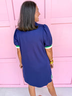 Jincy's Womens Boutique Navy Collared Scuba Like Material With Contrast Green & White Trim Everyday Wear First Of Fall Collection Umgee C6132