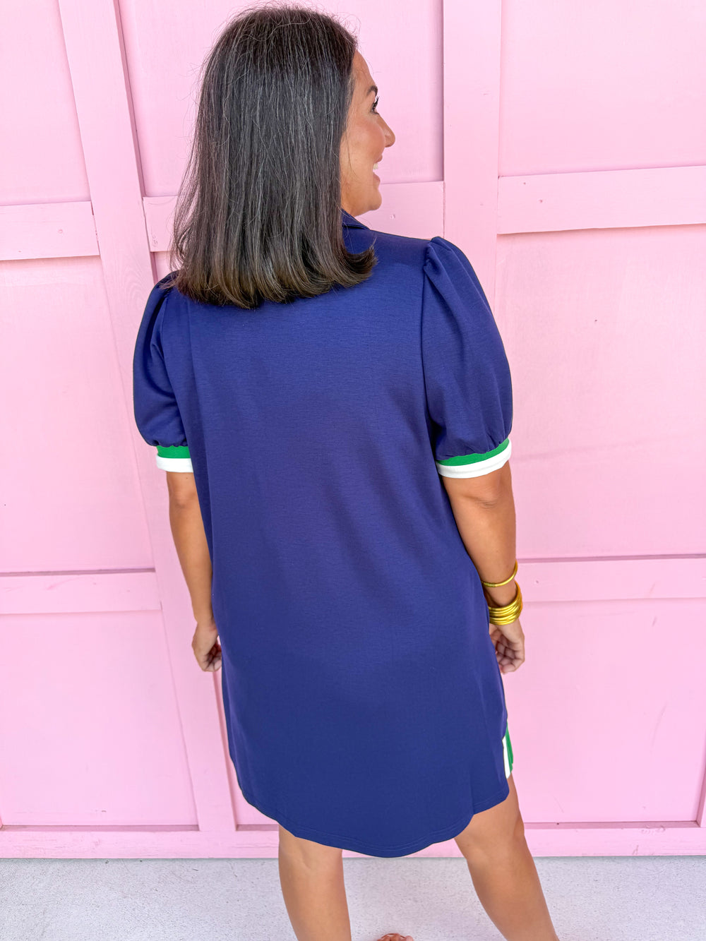 Jincy's Womens Boutique Navy Collared Scuba Like Material With Contrast Green & White Trim Everyday Wear First Of Fall Collection Umgee C6132