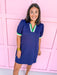 Jincy's Womens Boutique Navy Collared Scuba Like Material With Contrast Green & White Trim Everyday Wear First Of Fall Collection Umgee C6132