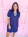 Jincy's Womens Boutique Navy Collared Scuba Like Material With Contrast Green & White Trim Everyday Wear First Of Fall Collection Umgee C6132