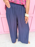 Jincy's Womens Boutique Navy Crinkle Wide Leg Pants Elastic Waist Everyday Wear First of Fall Umgee C6726