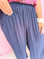 Jincy's Womens Boutique Navy Crinkle Wide Leg Pants Elastic Waist Everyday Wear First of Fall Umgee C6726