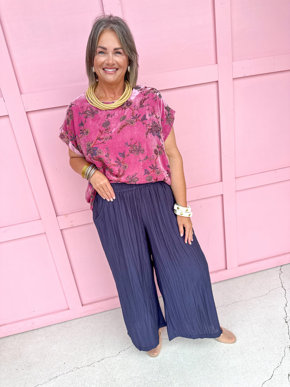 Jincy's Womens Boutique Navy Crinkle Wide Leg Pants Elastic Waist Everyday Wear First of Fall Umgee C6726