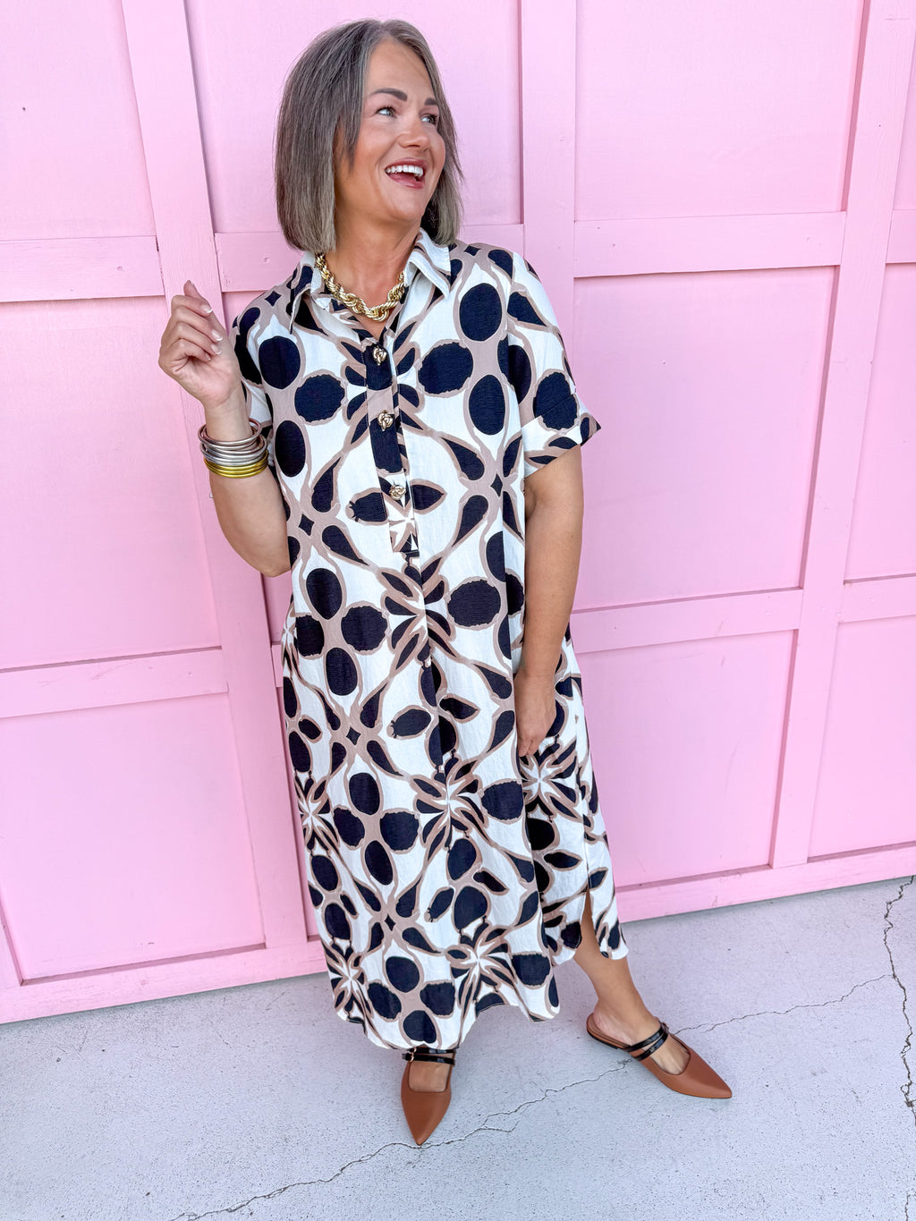 Jincy's Womens Boutique Neutral Black and Tan Midi Maxi Shirt Dress Entro D29514