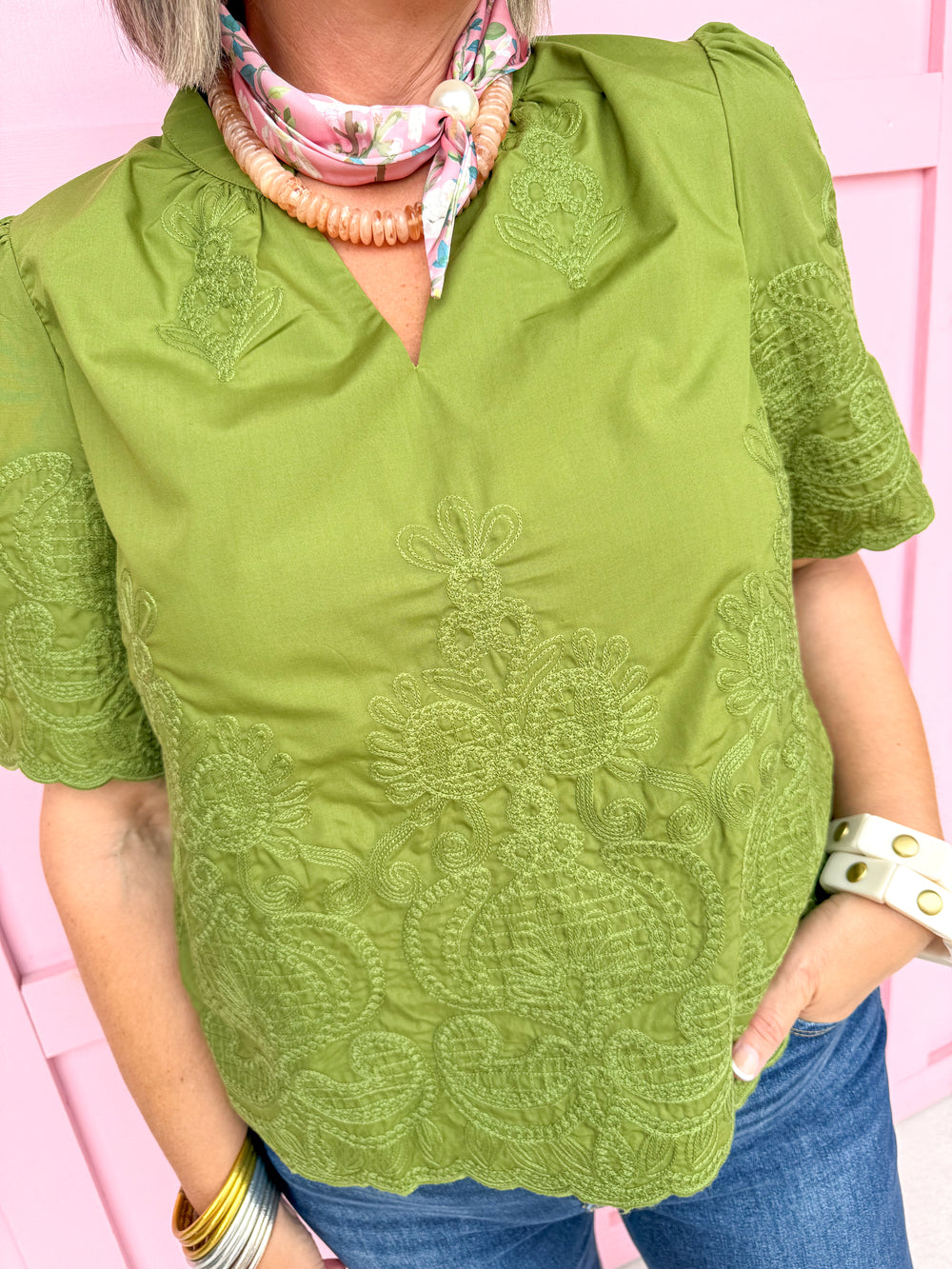 Jincy's Womens Boutique Olive Paisley Embroidered Top with Scallop Hem Everyday Wear First of Fall Entro T33141