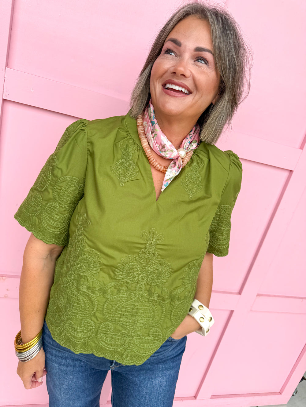 Jincy's Womens Boutique Olive Paisley Embroidered Top with Scallop Hem Everyday Wear First of Fall Entro T33141