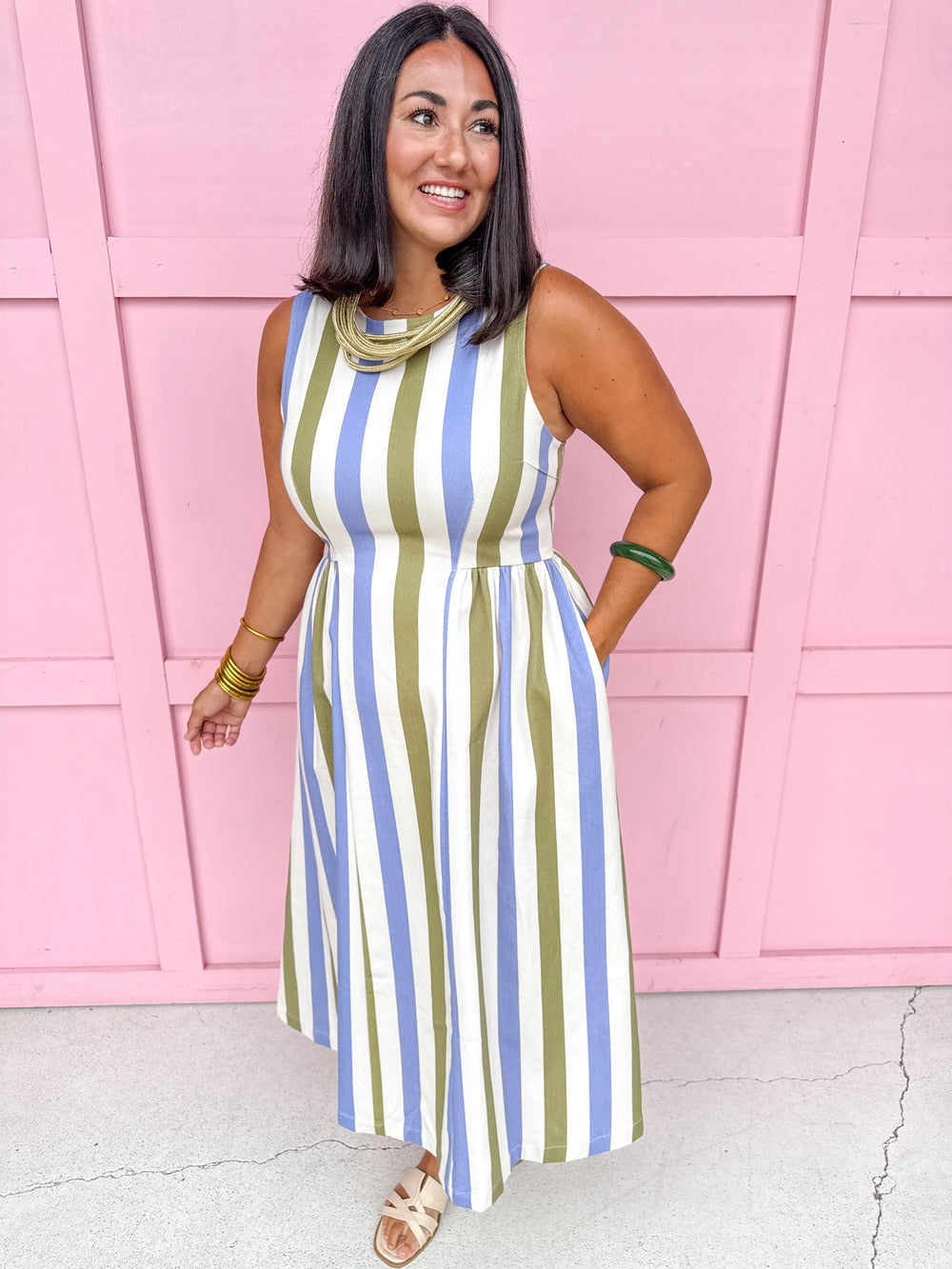 Jincy's Womens Boutique Olive Sage Dusty Blue Stripe Midi Maxi Sleeveless Denim Dress  Everyday Wear First Of Fall Collection Entro D30220