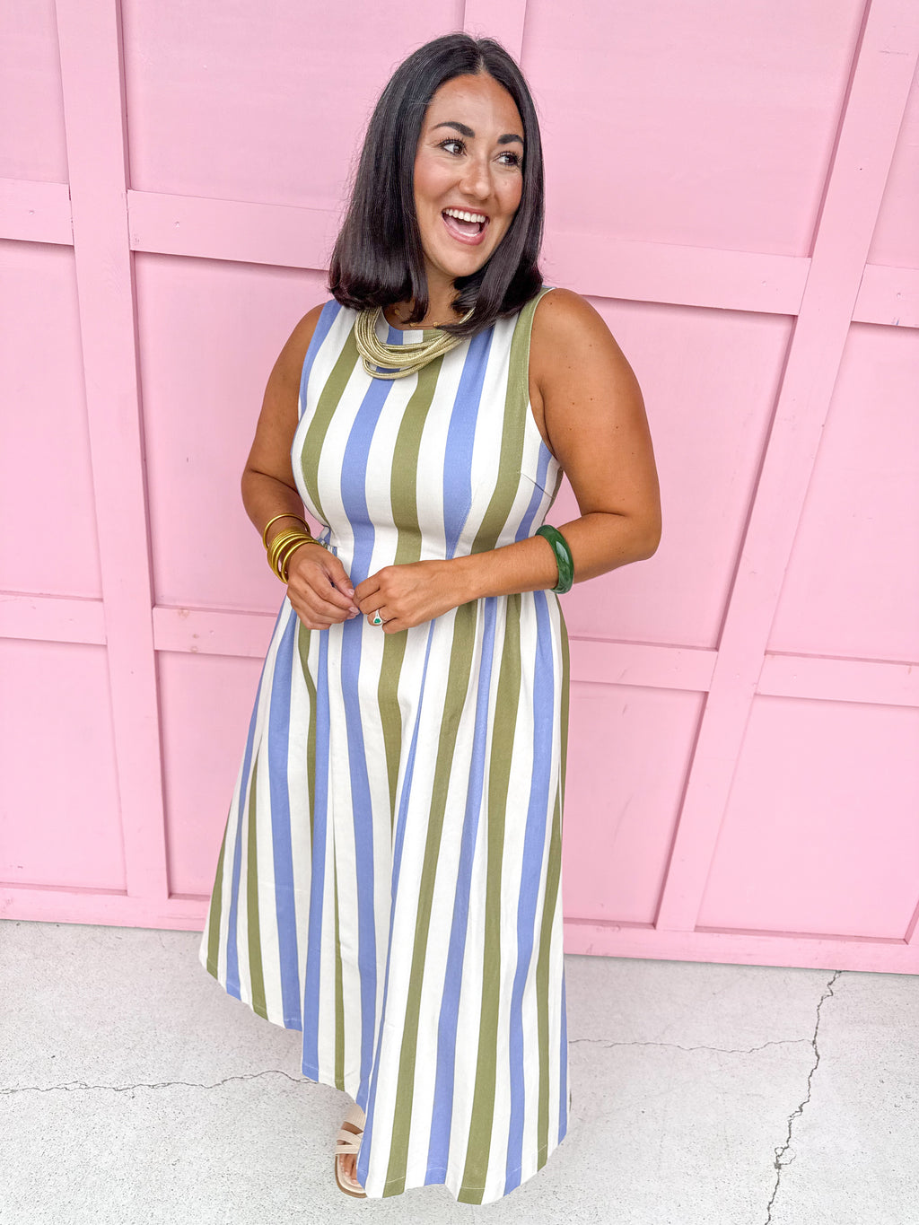 Jincy's Womens Boutique Olive Sage Dusty Blue Stripe Midi Maxi Sleeveless Denim Dress  Everyday Wear First Of Fall Collection Entro D30220