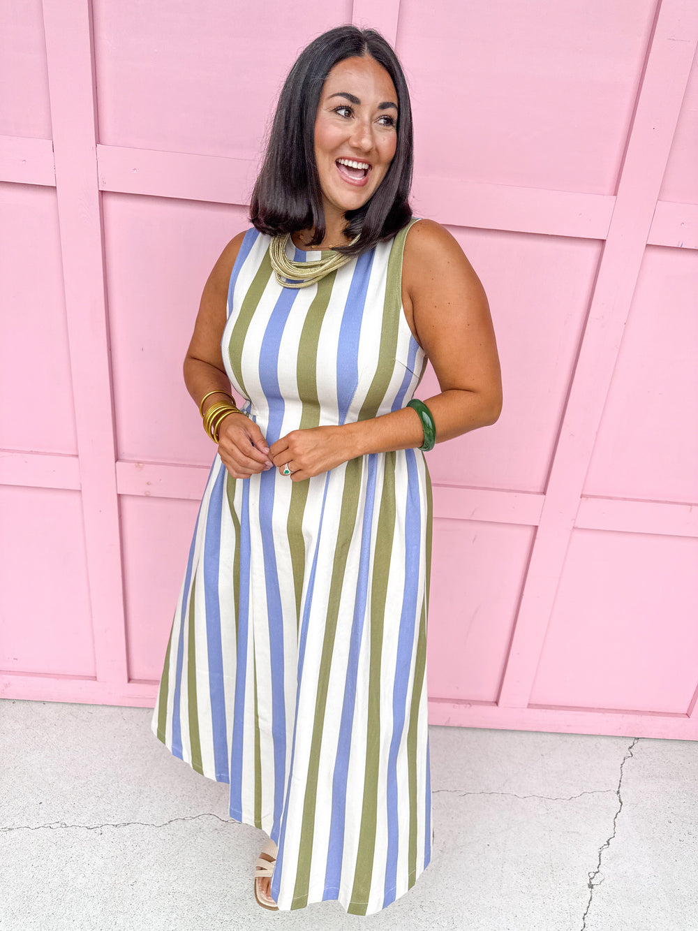 Jincy's Womens Boutique Olive Sage Dusty Blue Stripe Midi Maxi Sleeveless Denim Dress  Everyday Wear First Of Fall Collection Entro D30220