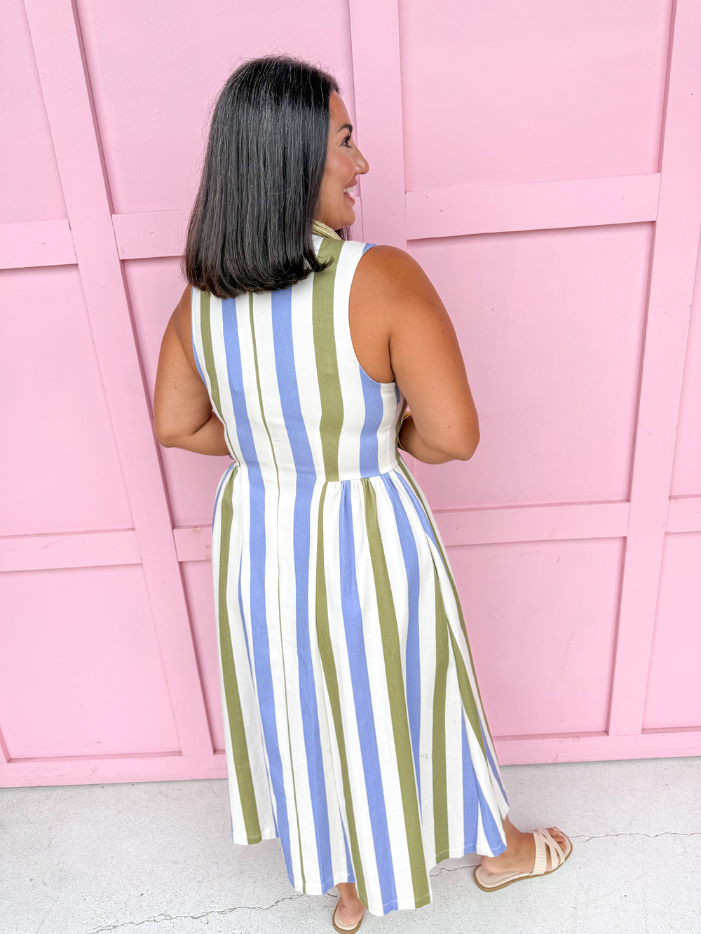 Jincy's Womens Boutique Olive Sage Dusty Blue Stripe Midi Maxi Sleeveless Denim Dress  Everyday Wear First Of Fall Collection Entro D30220