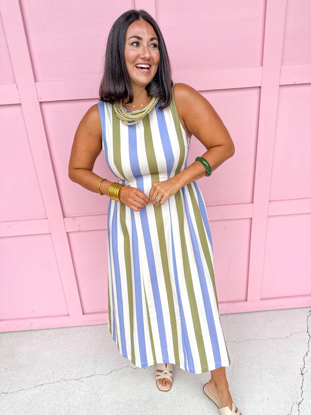 Jincy's Womens Boutique Olive Sage Dusty Blue Stripe Midi Maxi Sleeveless Denim Dress  Everyday Wear First Of Fall Collection Entro D30220