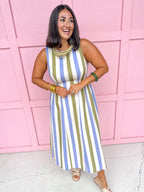 Jincy's Womens Boutique Olive Sage Dusty Blue Stripe Midi Maxi Sleeveless Denim Dress  Everyday Wear First Of Fall Collection Entro D30220