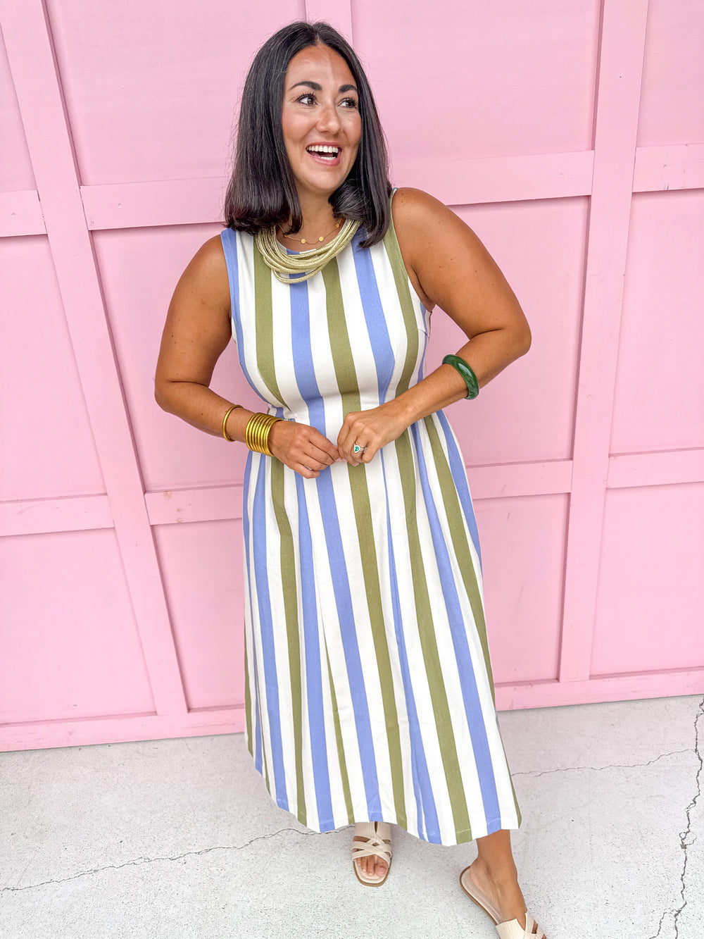 Jincy's Womens Boutique Olive Sage Dusty Blue Stripe Midi Maxi Sleeveless Denim Dress  Everyday Wear First Of Fall Collection Entro D30220