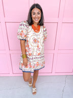 Jincy's Womens Boutique Orange Navy Pink Floral Print Mini Dress Everyday Wear First of Fall Entro D32342