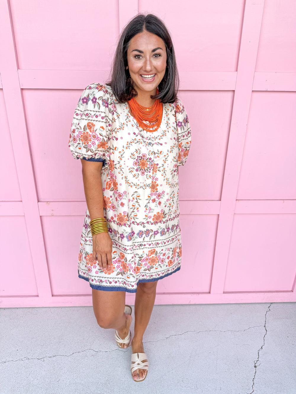 Jincy's Womens Boutique Orange Navy Pink Floral Print Mini Dress Everyday Wear First of Fall Entro D32342
