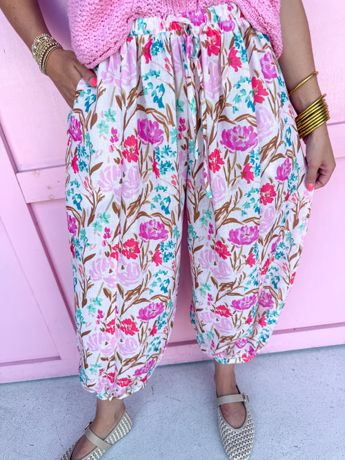 Jincy's Womens Boutique Pink Floral Print Balloon Pants Jincy's Womens Boutique Yellow Top Gold Button and Front Pocket Details Knit Very J 12W3377N-BUTTER YELLOW-1 Bibi