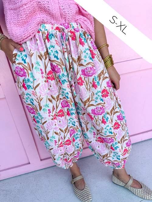 Jincy's Womens Boutique Pink Floral Print Balloon Pants Jincy's Womens Boutique Yellow Top Gold Button and Front Pocket Details Knit Very J 12W3377N-BUTTER YELLOW-1 Bibi