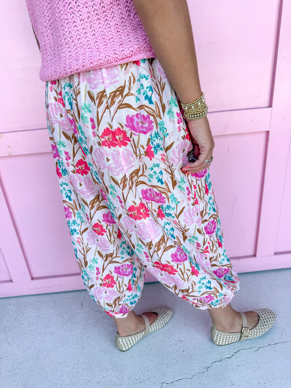 Jincy's Womens Boutique Pink Floral Print Balloon Pants Jincy's Womens Boutique Yellow Top Gold Button and Front Pocket Details Knit Very J 12W3377N-BUTTER YELLOW-1 Bibi