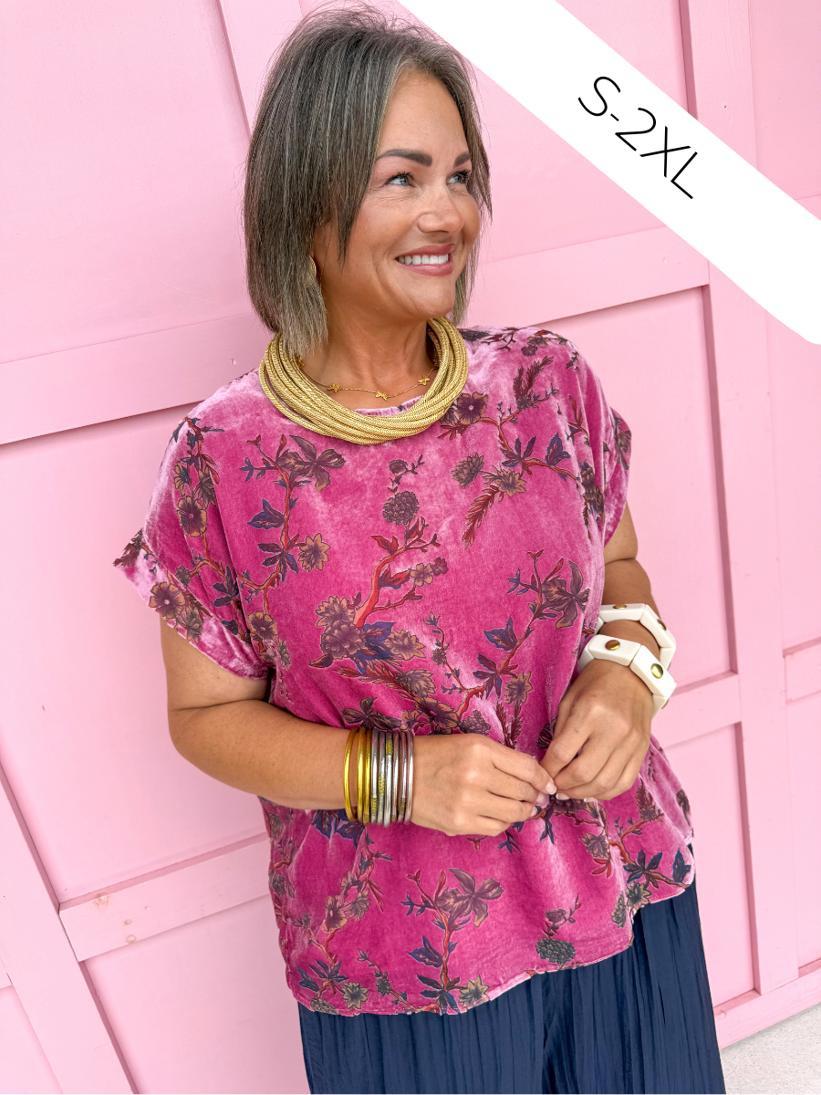 Jincy's Womens Boutique Pink Velvet Fall Floral Print Top First Of Fall Collection Umgee WC5523