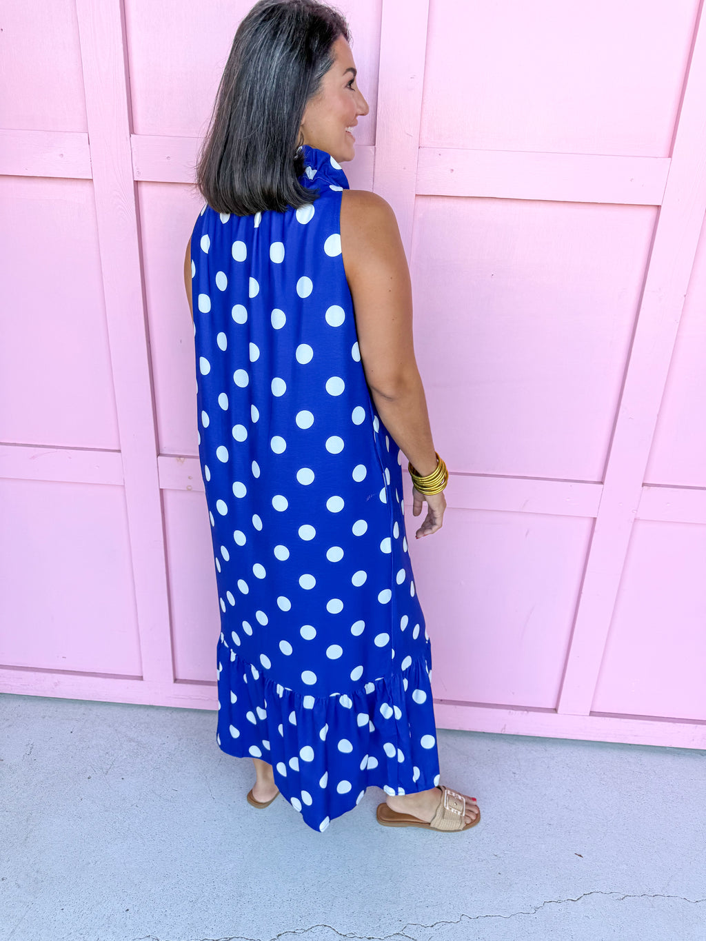 Jincy's Womens Boutique Polka Dot Midi Maxi Dress Ruffle & Tie Neckline Caroline Christian
