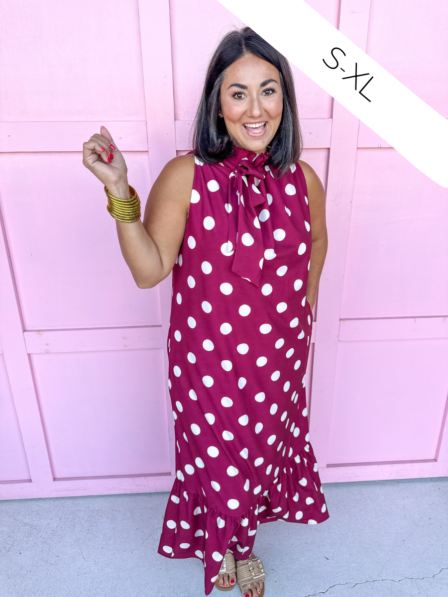 Jincy's Womens Boutique Polka Dot Midi Maxi Dress Ruffle & Tie Neckline Caroline Christian