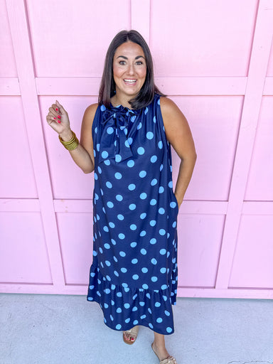 Jincy's Womens Boutique Polka Dot Midi Maxi Dress Ruffle & Tie Neckline