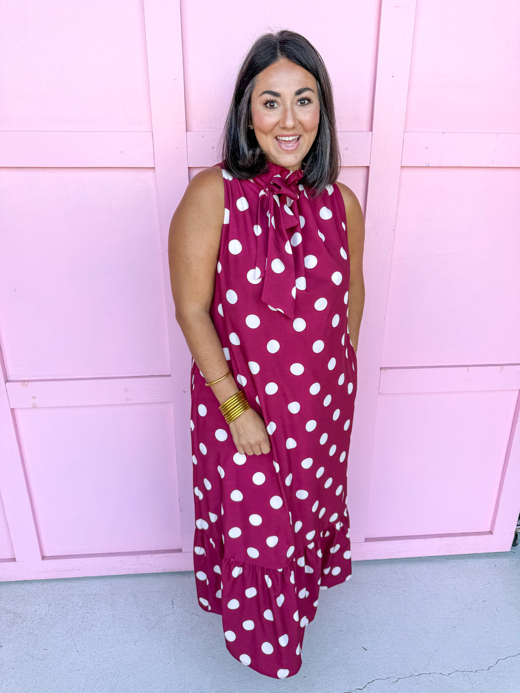 Jincy's Womens Boutique Polka Dot Midi Maxi Dress Ruffle & Tie Neckline Caroline Christian